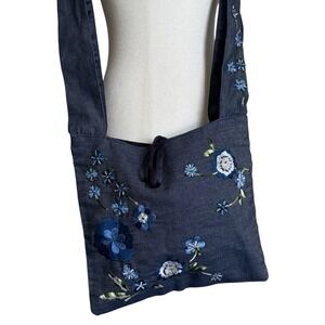 Y2K Denim Satin Floral Embroidered Sequin Shoulder Bag Fairycore Boho Indie 90s